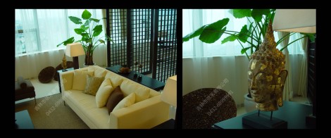 2013高清图片-东南亚风格23_1客厅中的金佛、绿叶、枯藤，使坐在沙发上的人们感受到亚热带大自然的气息。