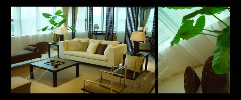 2013高清图片-东南亚风格23_3家庭厅以简洁开扬为设计要旨，沙发连角几的家具组合，衬以适度的植物装饰，能强化空间的宽敞实用。